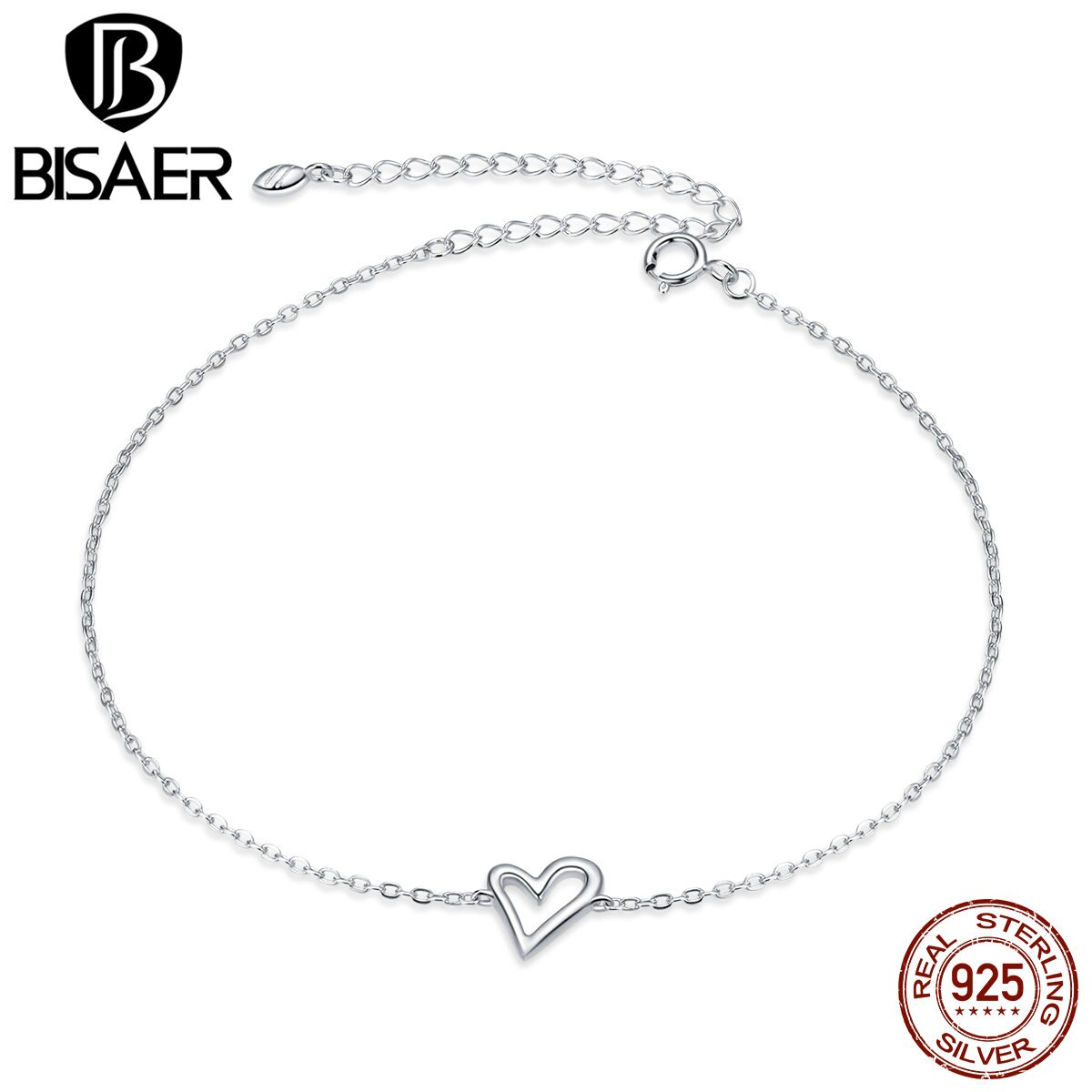 BISAER Anklets 925 Sterling Silver Heart Simple Chain Anklets For Women Feet Leg Chain Link Original Silver 925 Jewelry HST017
