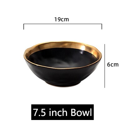 Assiettes à dîner en porcelaine mate à incrustation d'or, assiettes rondes de luxe pour mariage, fête décorative pour la maison, service de vaisselle: Black 7.5 inch