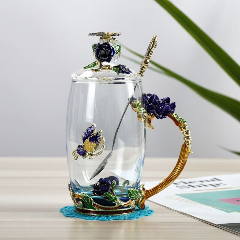 Enamel Glass Cup Tea Water Coffee Cup European Style Crystal Rose Flower Mug With Handle Lid Spoon Drinkware: Blue Tall