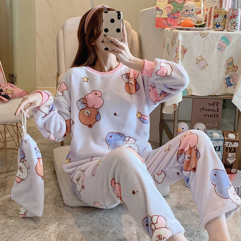 Xizou winter dames pyjama's dikke flanellen pyjama sets print dikke warme pyjama mujer meisje nachthemd lange broek nachtkleding
