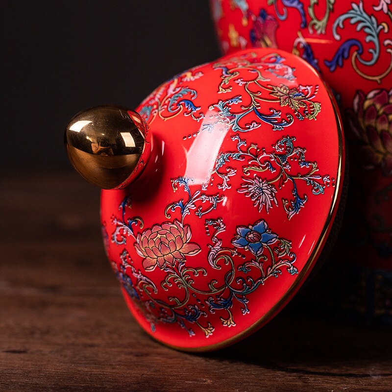 Moderne Rode Geschilderd Bloem Keramische Potten Opslag Grote Capaciteit Verzegelde Thee Blikken Gilded Porselein Ambachten Snoep Potten Woondecoratie