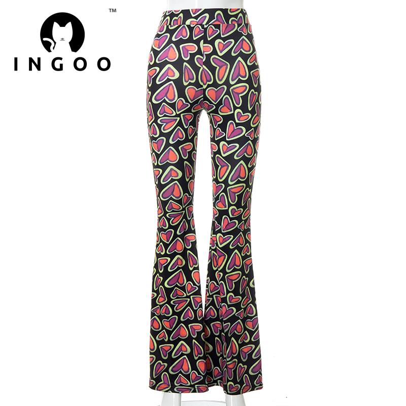Ingoo vintage lange bukser med brede ben til kvinder multifarvet trykt højtaljet taske hoftebukser  y2k afslappede street outfits