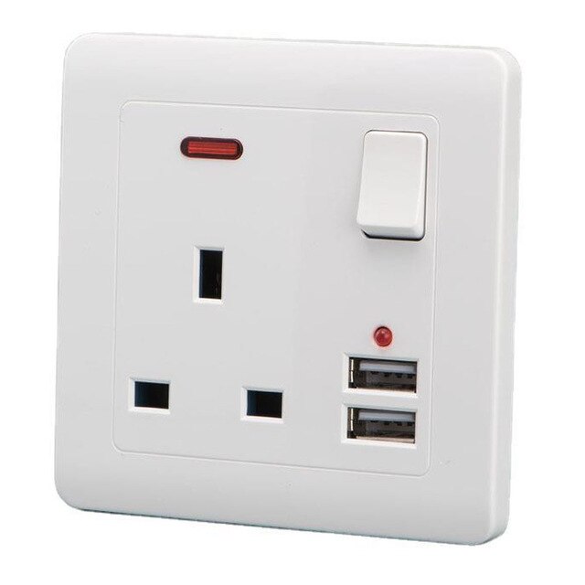 13a Double Wall Uk Plug Socket 2 Gang 13a With 2 Usb Charger Port Outlet Plate White Multifunctional Socket House Decoration: White 1Gang