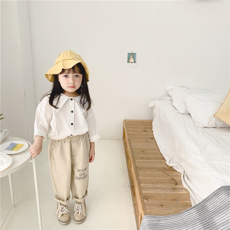 Chemises à col rabattu pour filles, manches longues, lettres brodées, en coton, vêtements décontractés, printemps