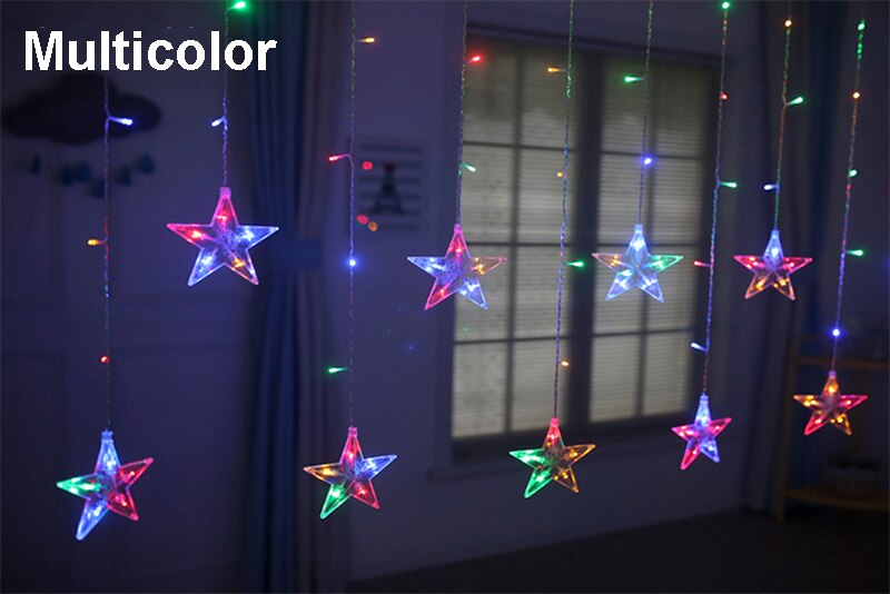 LED Twinkle Star Heart String Lights EU Plug 220V Waterproof Outdoor Christmas Fairy Garlands Curtain Lights Wedding Party Decor: star-multicolor