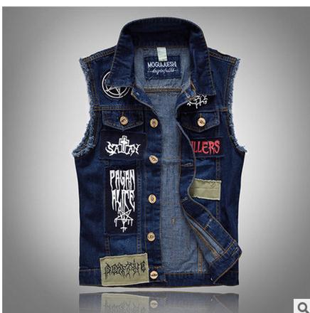 Mænd pactwork cowboy vest frakke enkeltradet turn down krave plus størrelse forår efterår jean vest plus størrelse denim vest  j1798: 5xl