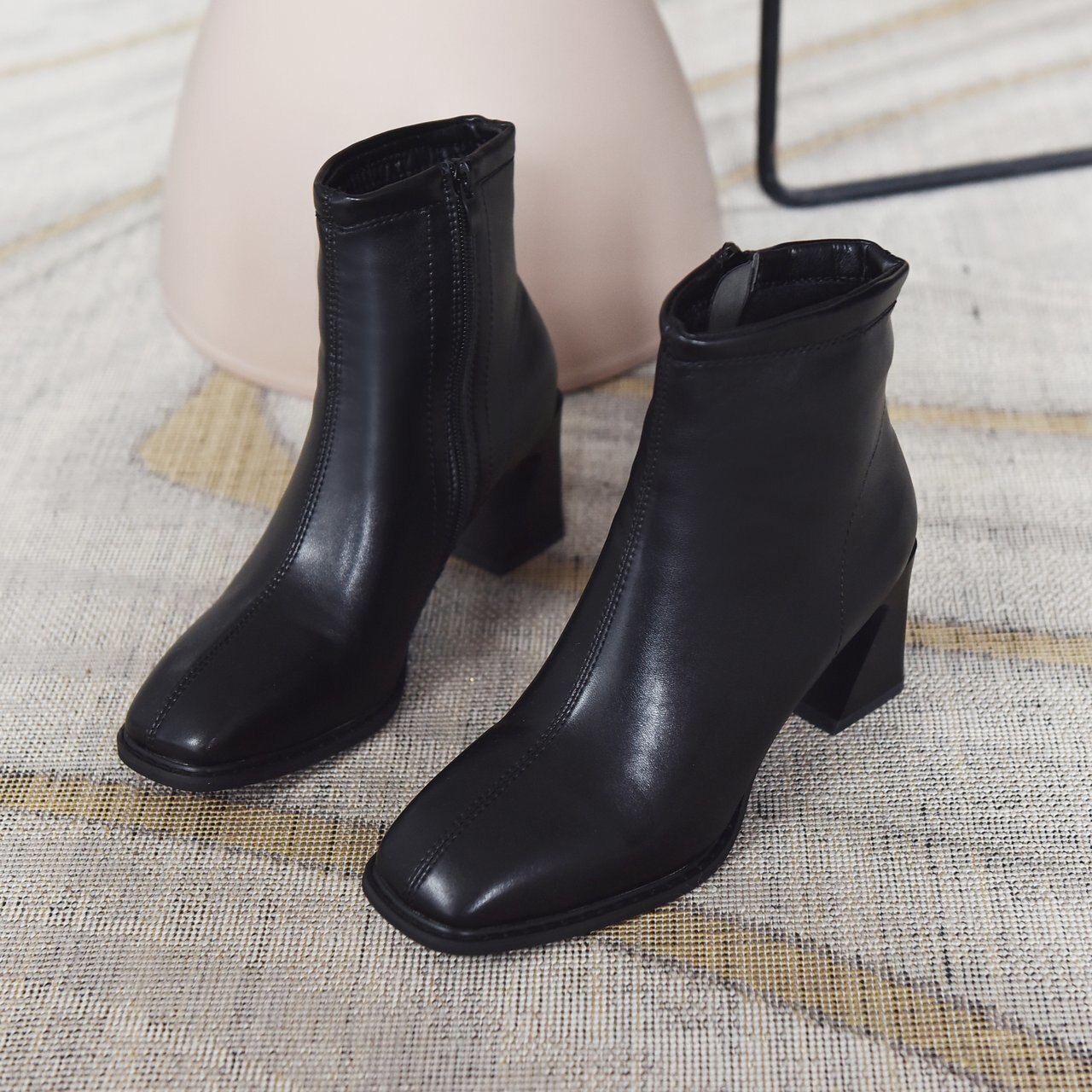 Winter hingh hak laarzen pu enkellaarsjes bruin zwarte laarzen vierkante hak dames rijden suède vierkante neus leren laarzen dames botas mujer: Zwart / 36