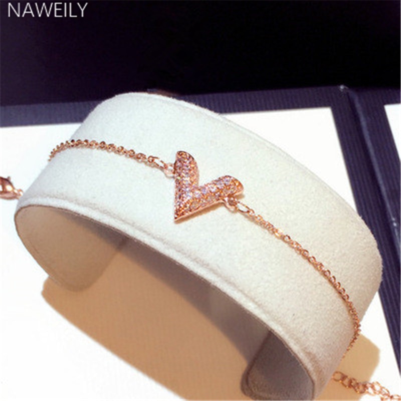 Romantic CZ Zircon V Letter Bracelets Women Dazzling Gold Silver Color Charm Bracelet Geometric Triangle Bangles