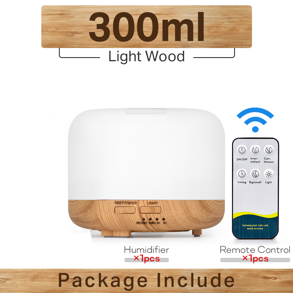 300 500ML Air Humidifier With Remote Control Colorful Non-printed Ultrasound Aroma Diffuser Pure White Dark Light Wood Grain: Brick Red / EU