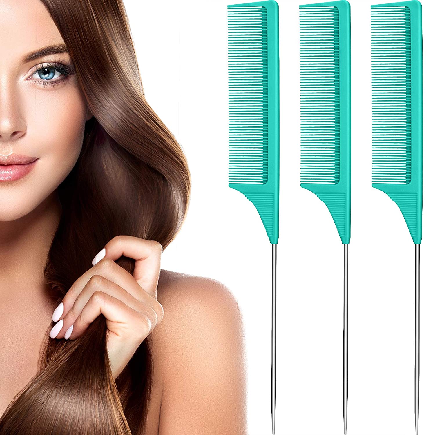 Peigne queue de Rat en acier, 3 paquets, peigne taquin résistant à la chaleur en Fiber de carbone avec queue de Rat en acier inoxydable: green