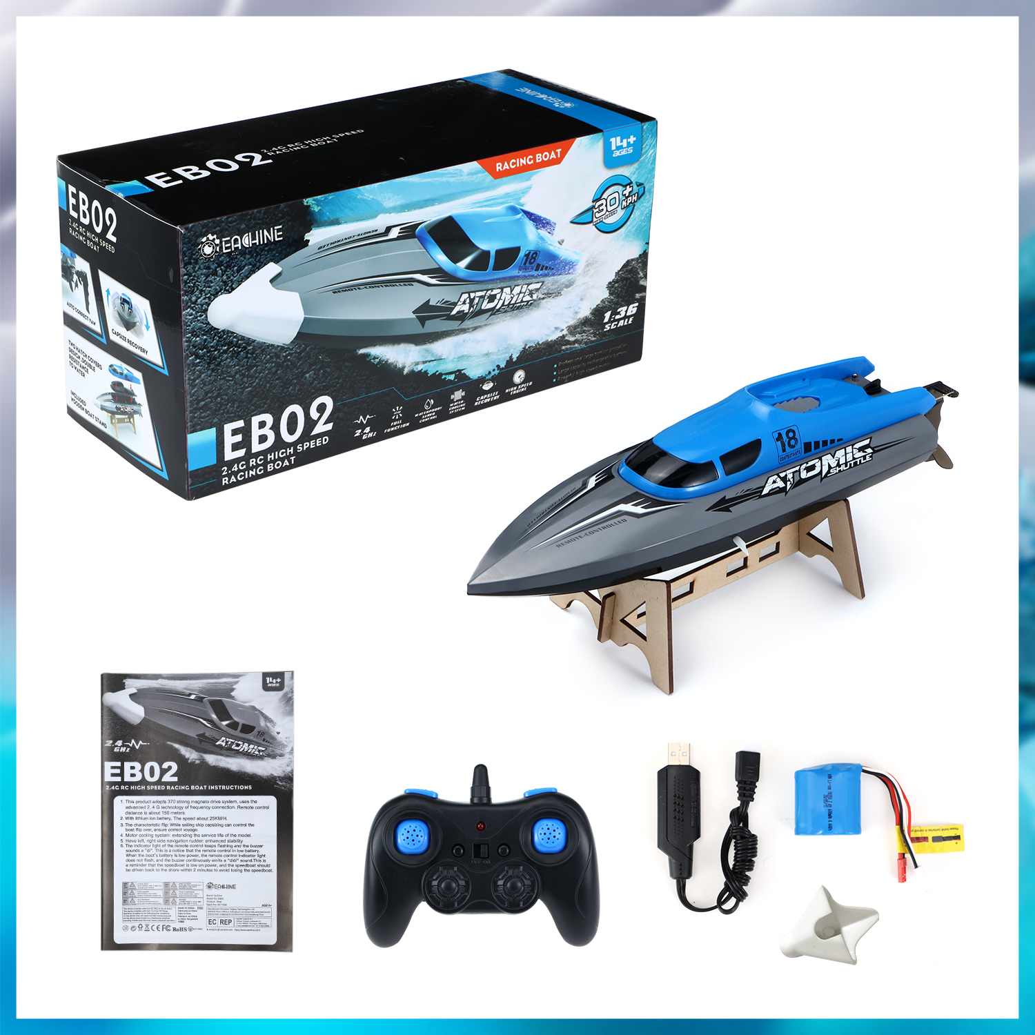 Eachine EB02 Rc Boot Afstandsbediening 2.4G 4CH Hoge Snelheid Motor Tot 30 + Kph Voor Zwembad en Lake 40 Minuten Gebruikstijd Boot Speelgoed