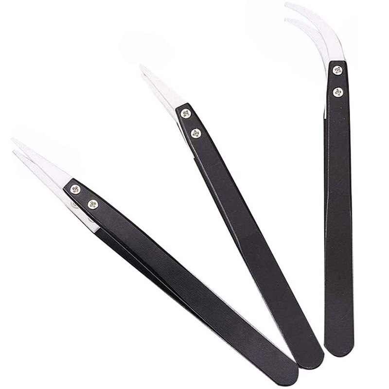 3Pcs Ceramic Tweezers Set, Heat Resistant Non-Conductive Anti-static Curved &amp; Straight Ceramic Tips Precision Tweezers