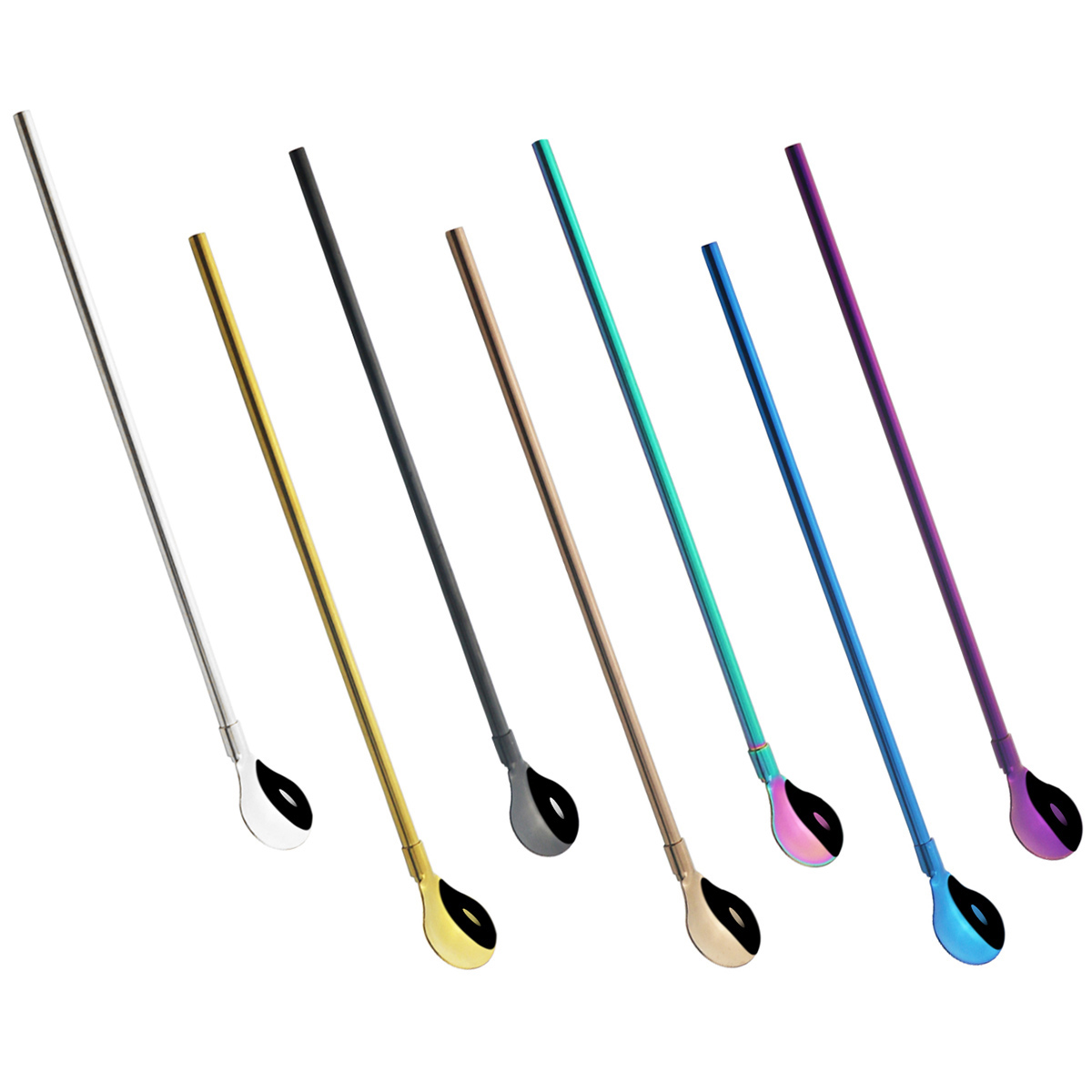 2Pcs Colorful Cocktail Stirring Spoon 18/10 Stainless Steel Metal Straws Reusable Drinking Straw Spoon Bar Coffee Stirring Tools