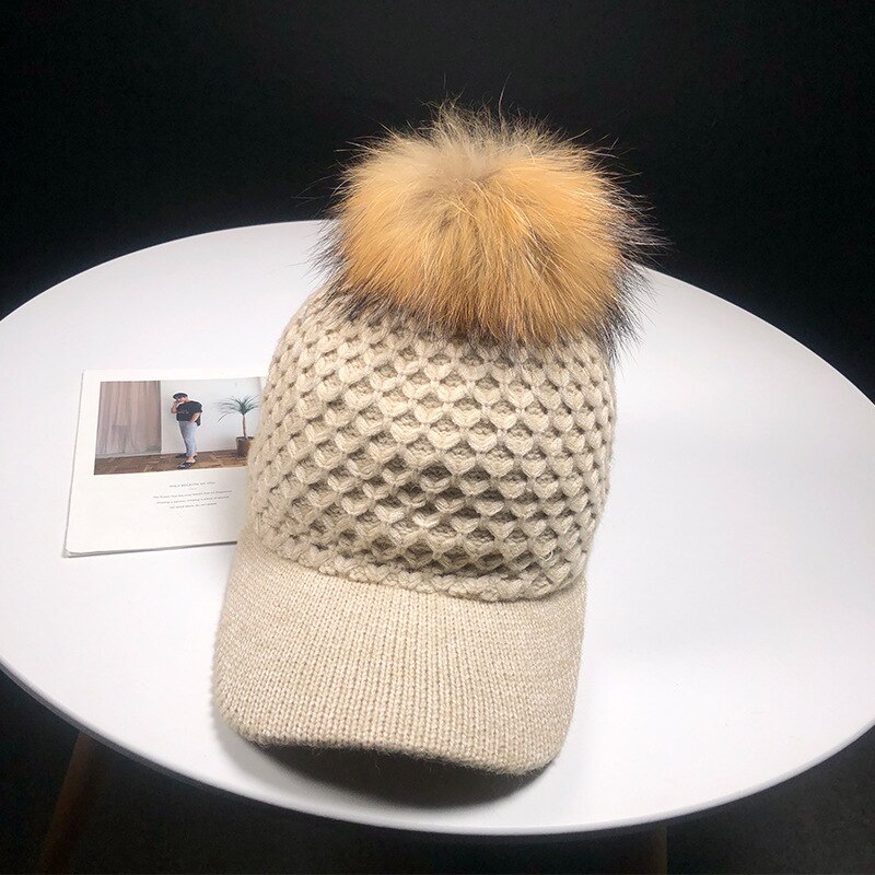 Herfst winter muts effen gebreide baseball pet met fuax bont pompons bal voor dames heren buiten warme gebreide muts baseball petten: Beige