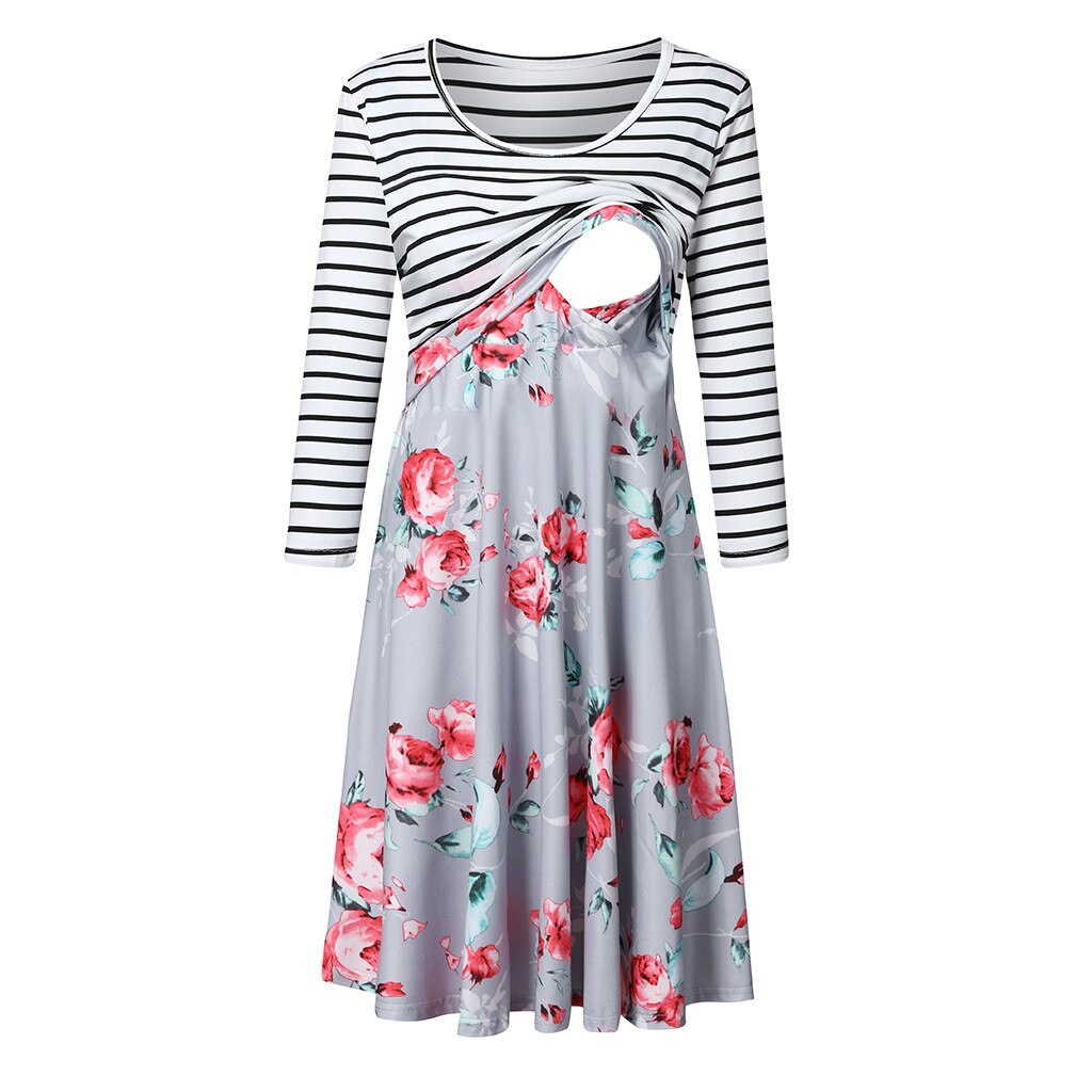 #50 Breastfeeding Clothes Nursing Dress Women Pregnant Nusring Maternity Long Sleeve Print Floral Splicing Stripe Dress