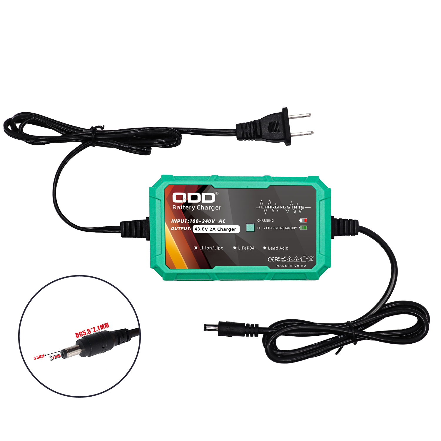 43.8V 2A LiFePO4 Battery Charger for 12S 38.4V Battery Pack LiFePO4 Battery Charger with Multiple Connectors