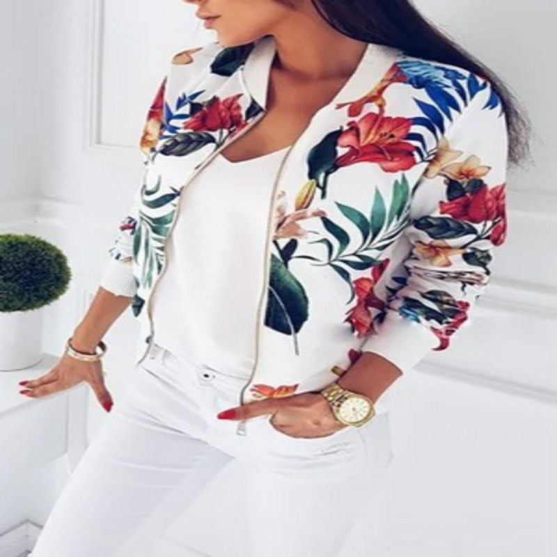 Plus Size Autumn Women'S Jackets Retro Floral Zipper Printed Coat Female Long Sleeve Short Jacket Print Tops S-XXL: White / XXL
