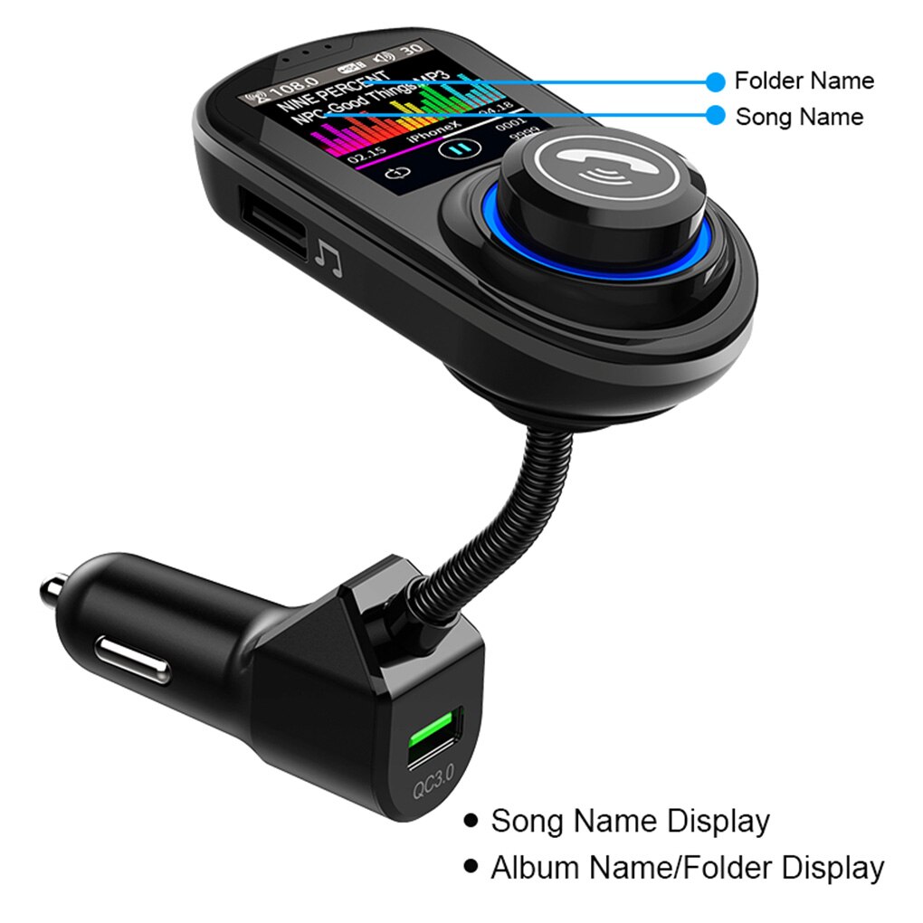Car Wireless FM Transmitter 1.8inch HD Color Screen Hands-free Bluetooth5.0 MP3 Player Phone Charging