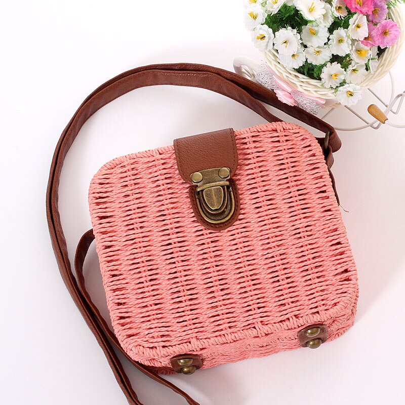 Caja informal de mimbre para mujer, bolso cruzado de mimbre de caramelo tejido para mujer, Bolso pequeño de playa para verano, bolso vintage con solapa bali: pink