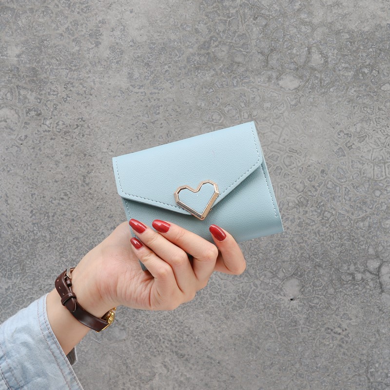 Monedero pequeño de Color caramelo para mujer, cartera corta de piel con corazón, de lujo famosa, Mini cartera para tarjetas de crédito a la: Azul cielo