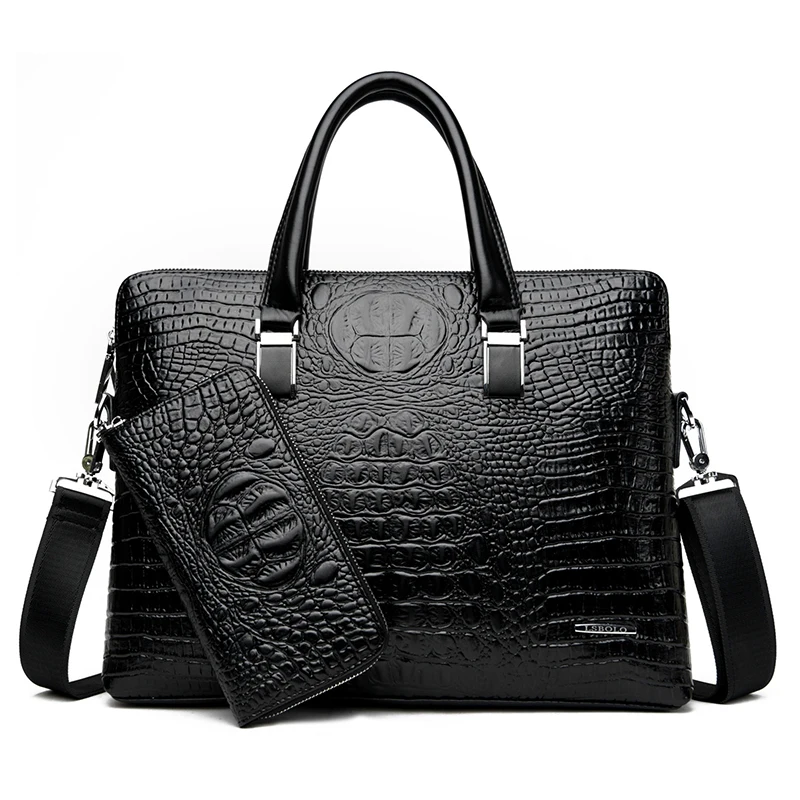 Briefcase Bag for Man PU Leather Crocodile Tote Handbag Laptop 14 Male Shoulder Business Messenger Crossbody Side WT201