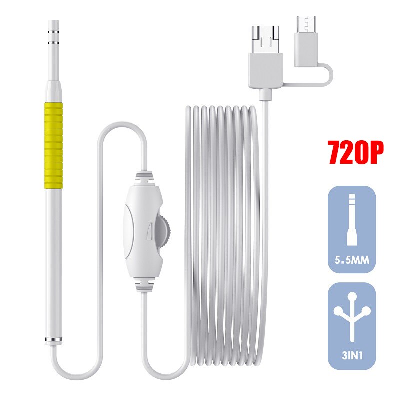 Ear Cleaning Endoscope Small 5.5mm 3 In1 Visual Ear Pick Cleaner Camera USB Ear Spoon Type C Ear Otoscope Borescope For Android: yellow 720P