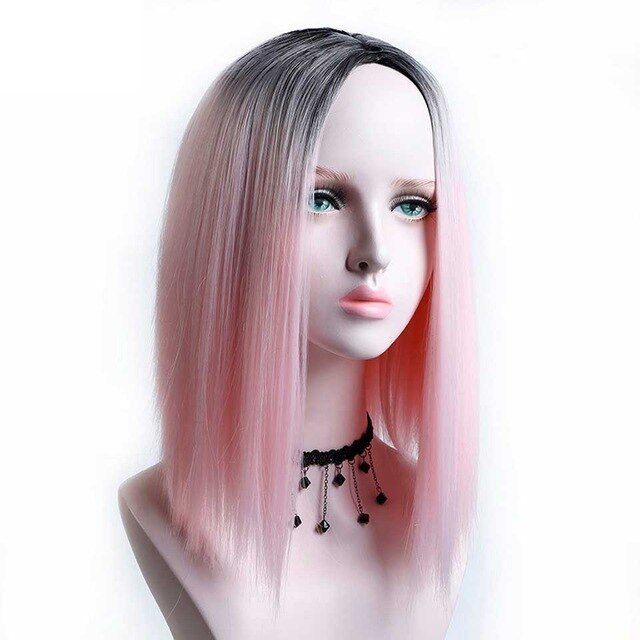 Meifan ombre pink/sort lige varmebestandige syntetiske hårparykker til kvinder naturligt hår kort bob cosplay eller festparykker: Lyserød