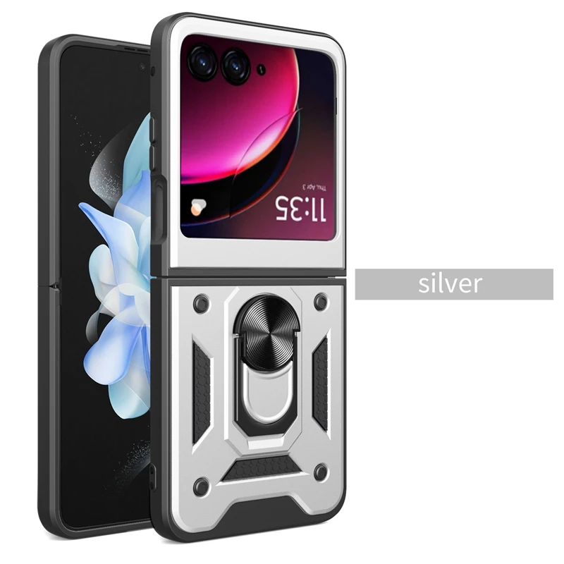 Armor Shockproof Case Voor Motorola Razr 50 40 Ultra Moto Razr + Plus 2024 2023 Cover Met Ring Magnetische houder Coque Fundas: Aluminium / Zilver
