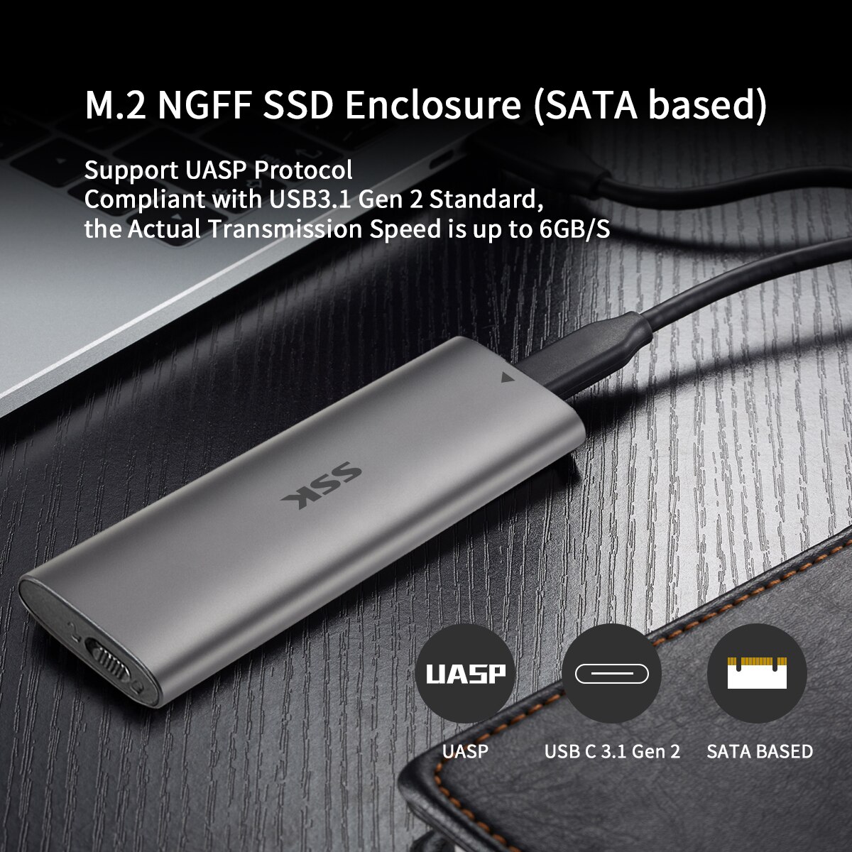 SSK – disque dur SSD en aluminium M.2 NGFF, sans outil, Portable USB 3.1 Gen 2(6Gbps) type-c, Support UASP