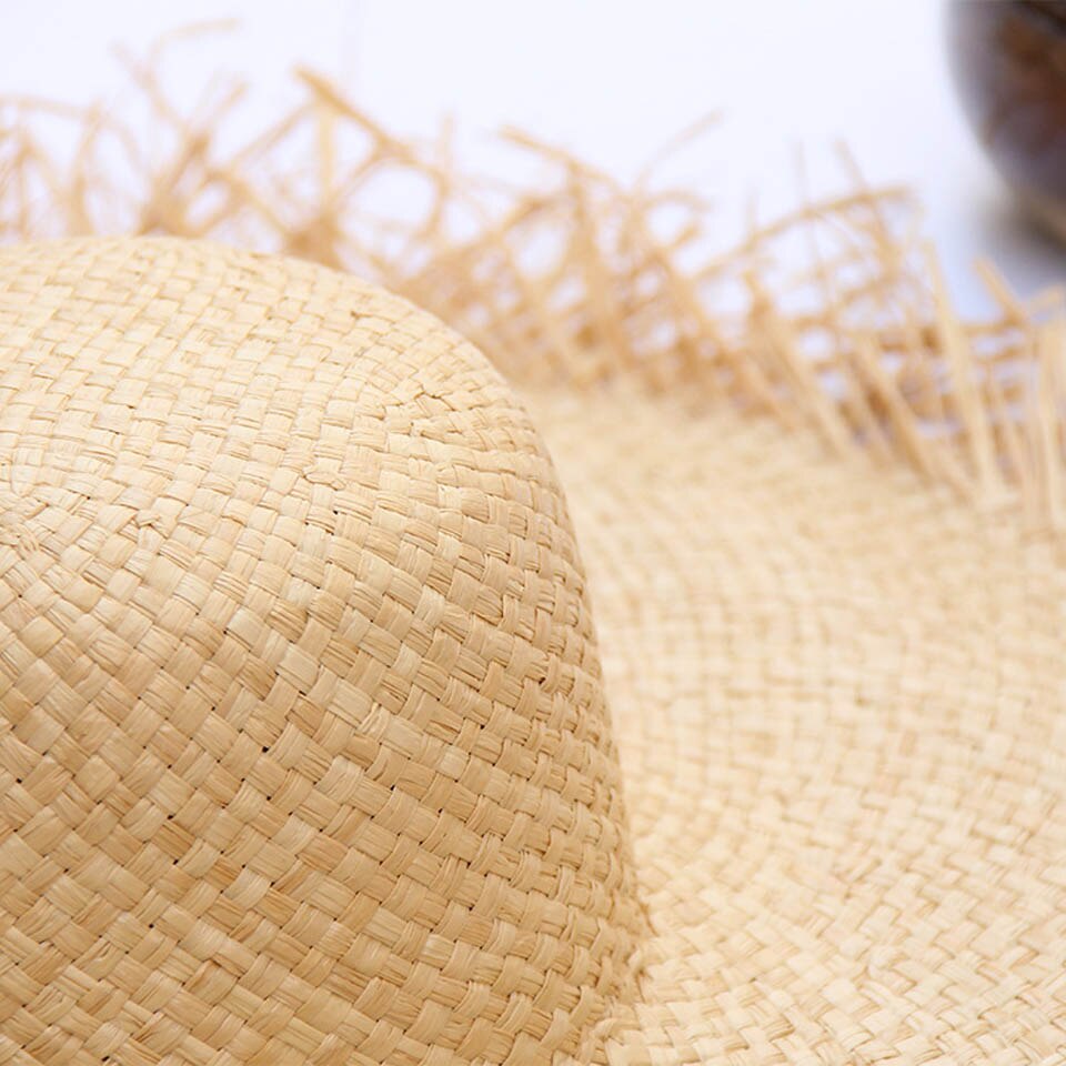 Summer  Handmade Women Straw Sun Hats Large Wide Brim Gilrs Natural Raffia Panama Beach Straw Sun Caps For