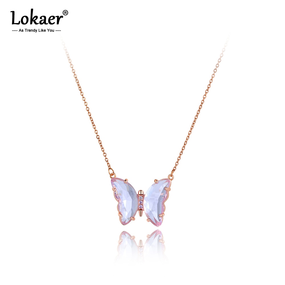 Collar Lokaer con Original de oro rosa CZ, colgante de mariposa de cristal para mujer, collar moderno de acero de titanio N20178