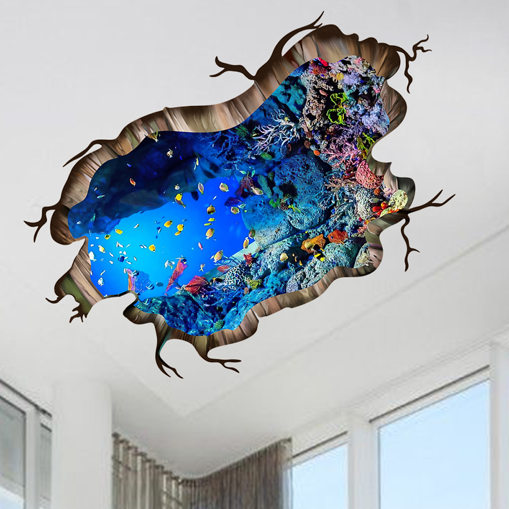 3D Underwater World Wall Decal Home Floor Stickers Decor Vivid Fish Sea Turtle Broken Animals Art Wall Decal