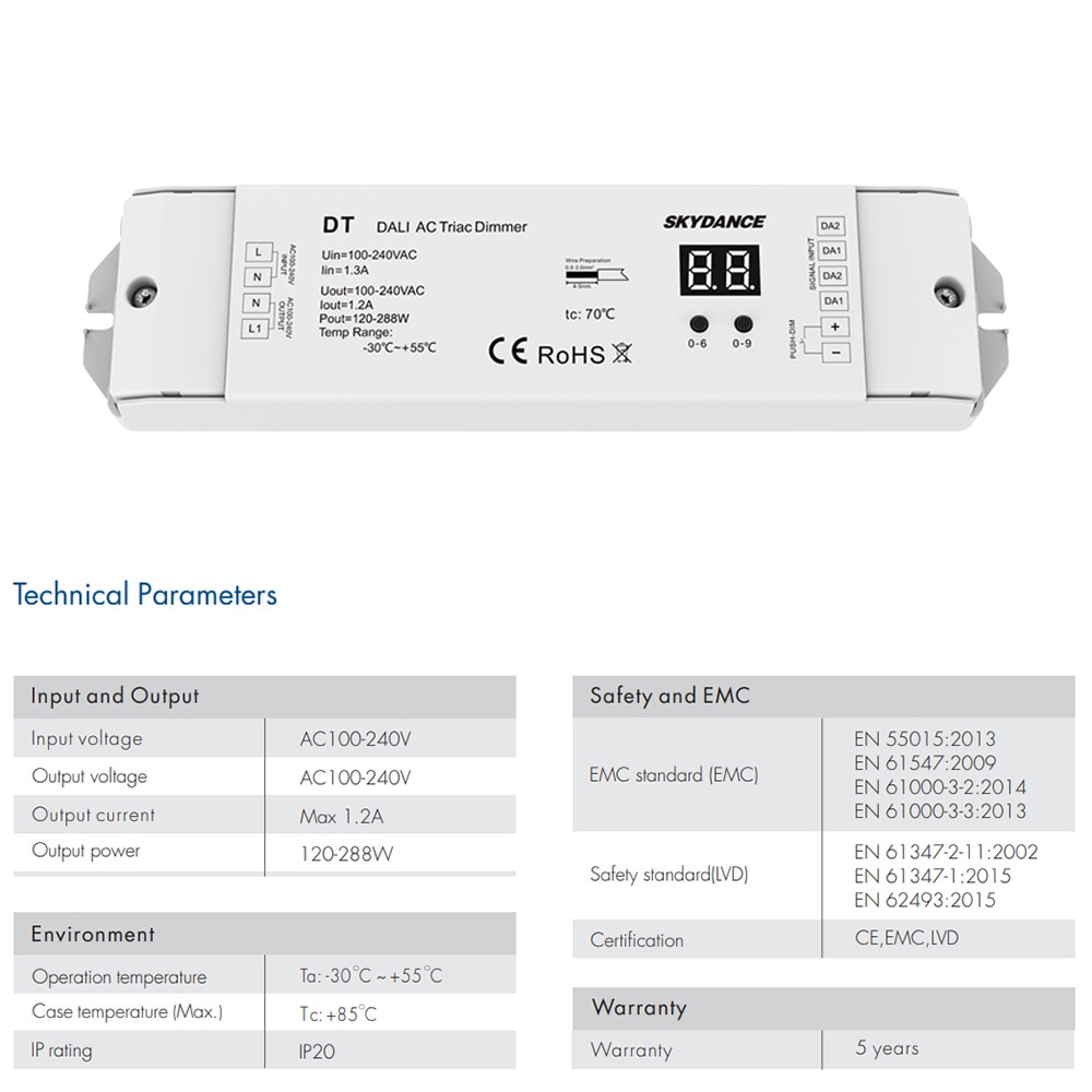 Triac-regulador de intensidad DALI, 220V, 110V, 230V, CA, 1 canal, 1,2 a, 288W, pantalla numérica para lámpara LED, luces halógenas, atenuador LED DT DALI AC Triac