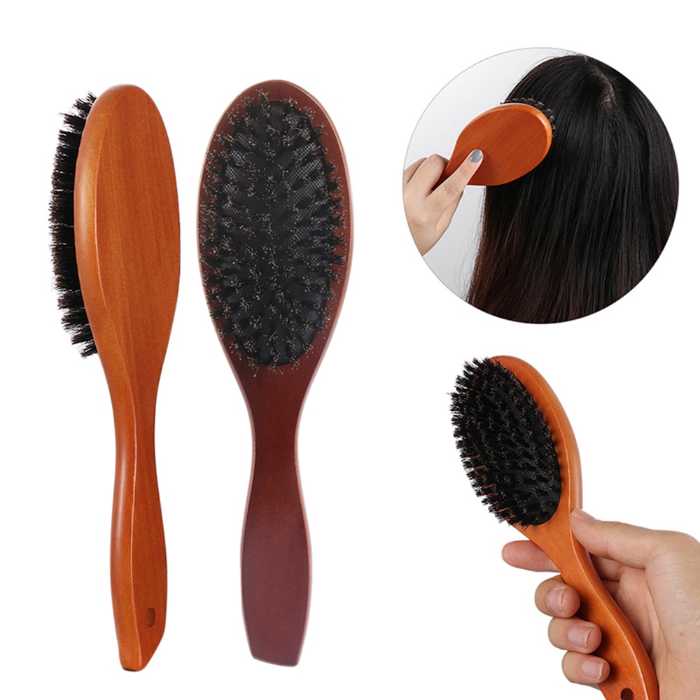 Cepillo de pelo cerdas de jabalí Natural portátil, peine de masaje, cepillo de paleta de pelo antiestática, mango de madera de haya, herramienta de estilismo