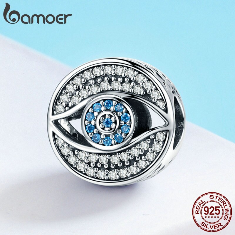 BAMOER auténtica Plata de Ley 925 Ojo Azul de la suerte claro CZ cutting Charm Beads fit mujeres Charm Bracelet DIY Jewelry SCC565