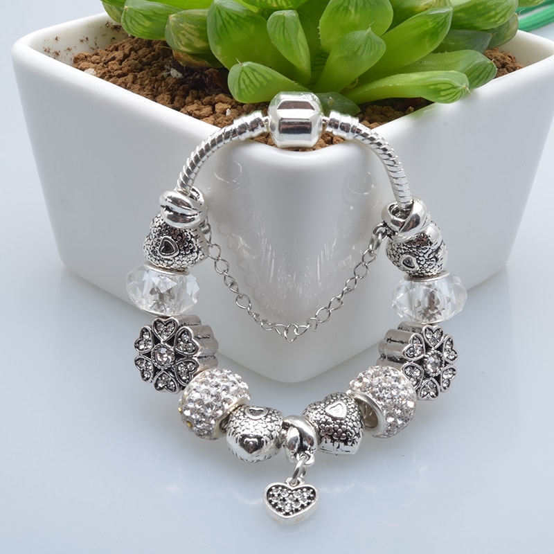 Bøjlekode gammel sølvbelagt glamour damer armbånd diy kløver og hjerte vedhæng udsøgte armbånd smykker