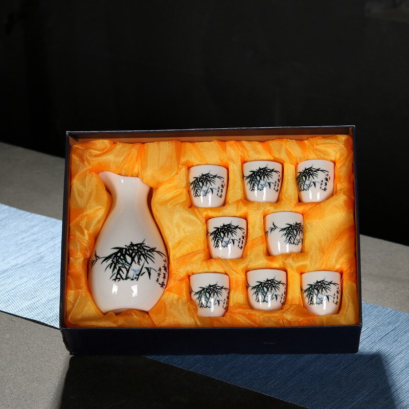 1 Pot 8 Cups Ceramic Wine Set Home Chinese Style Baijiu Wine Set Box Ceramic Dispenser Wine Glasses