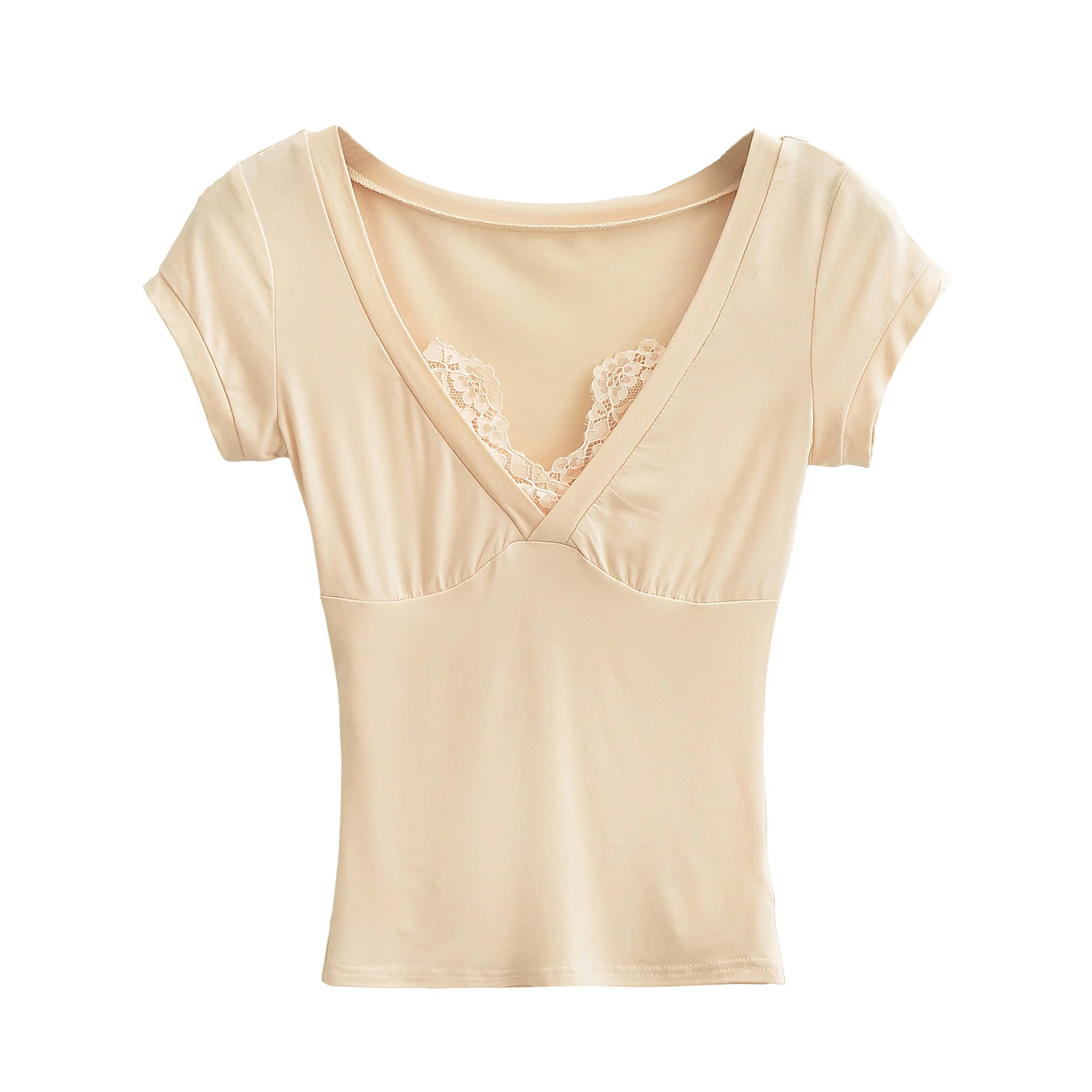 Spitze V-Ausschnitt Sommer Ernte Spitzen Frauen Kurzarm Spitzen sexy Unterseite ing Blusen T-Shirt: S / Aprikose