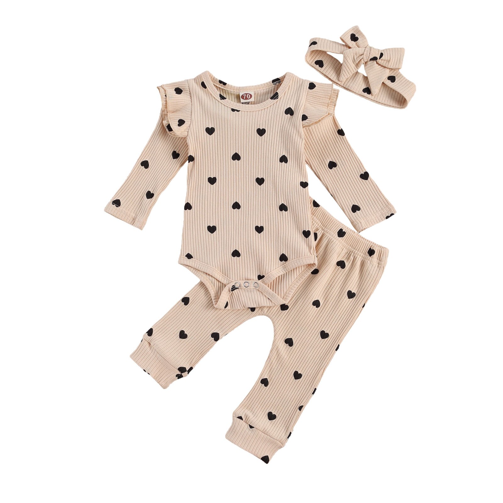 Mise au point 0-24M -né bébé filles garçons vêtements ensembles 3 pièces coeur imprimé volants à manches longues barboteuse pantalons hauts bandeau: Beige / 6M