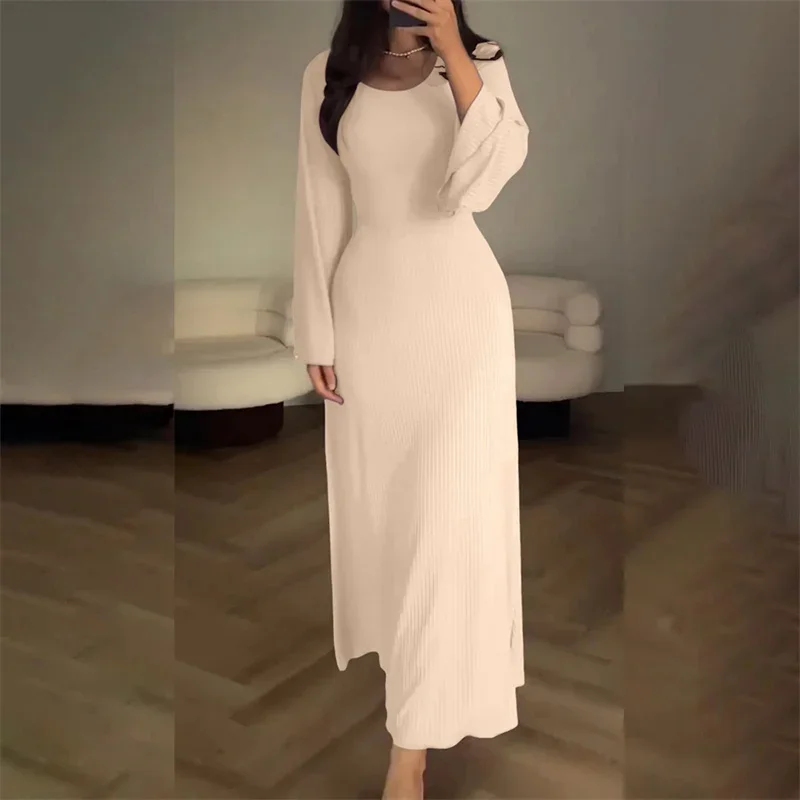 2024 Elegante Dünne Kleider Frauen Zurück Spitze-hoch Kleid Einfarbig Gestrickte Grube Streifen Kleid Herbst Langarm weibliche Kleid: XL / Aprikose