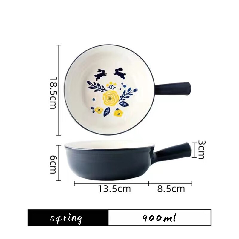 Ceramic Glaze Baking Bowl with Handle Salad Bowls Barbecue Cheese Baked Rice Baking Pan Round 4 Seasons Bakeware Home Decoration: spring
