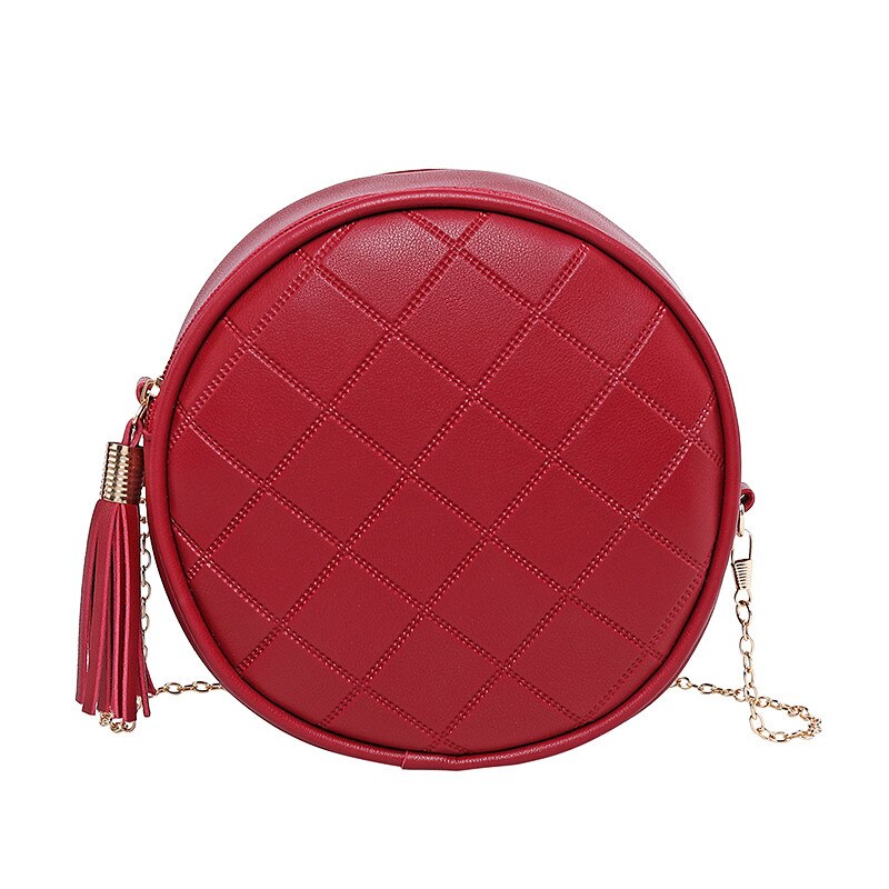 Women Round Bags Solid Color Plaid Shoulder Handbags Women Small Round Tassel Crossbody Bags for Women Purses Clutches: Red