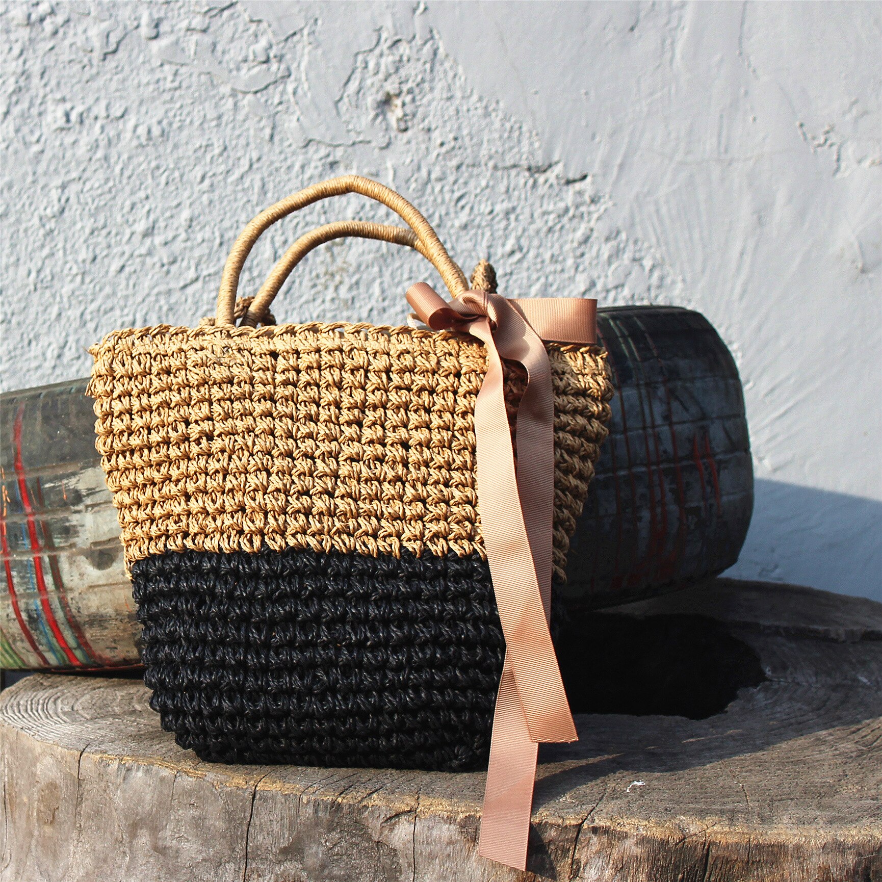 Literarischen stroh gewebte tasche, schulter tasche, handtasche, Dual-benutzen-weiblichen beutel, Strand gewebt stroh tasche, bowknot