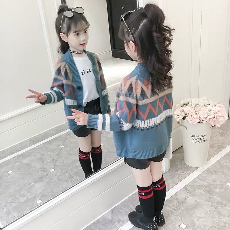 ins girls sweater 4-13 years old cardigan cotton clothes Diamond wavy line pattern spring and autumn thin sweater