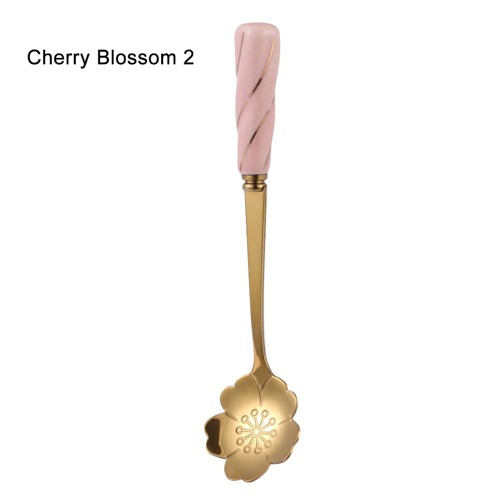 Rvs Koffie Lepel Keramische Handvat Theelepels Bestek Lepel Ijs Suiker Bestek Goud Keuken Tool: Cherry Blossom 2