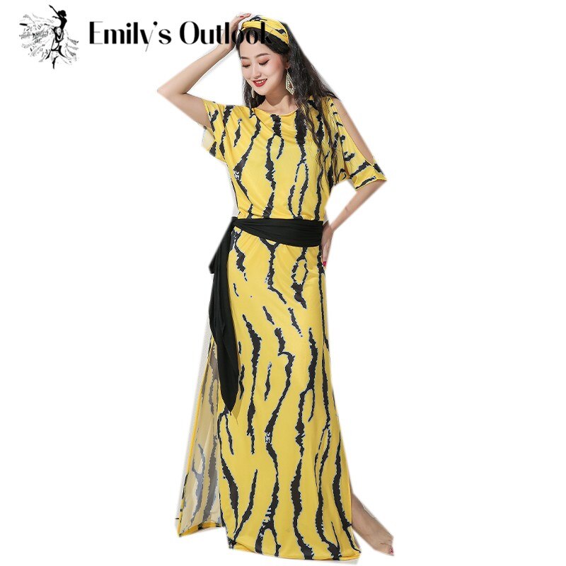 Conjunto de disfraz de Baladi Shaabi para mujer, ropa holgada de 4 piezas para espectáculo de danza del vientre, vestido largo con cinturón, estampado de leopardo, novedad de