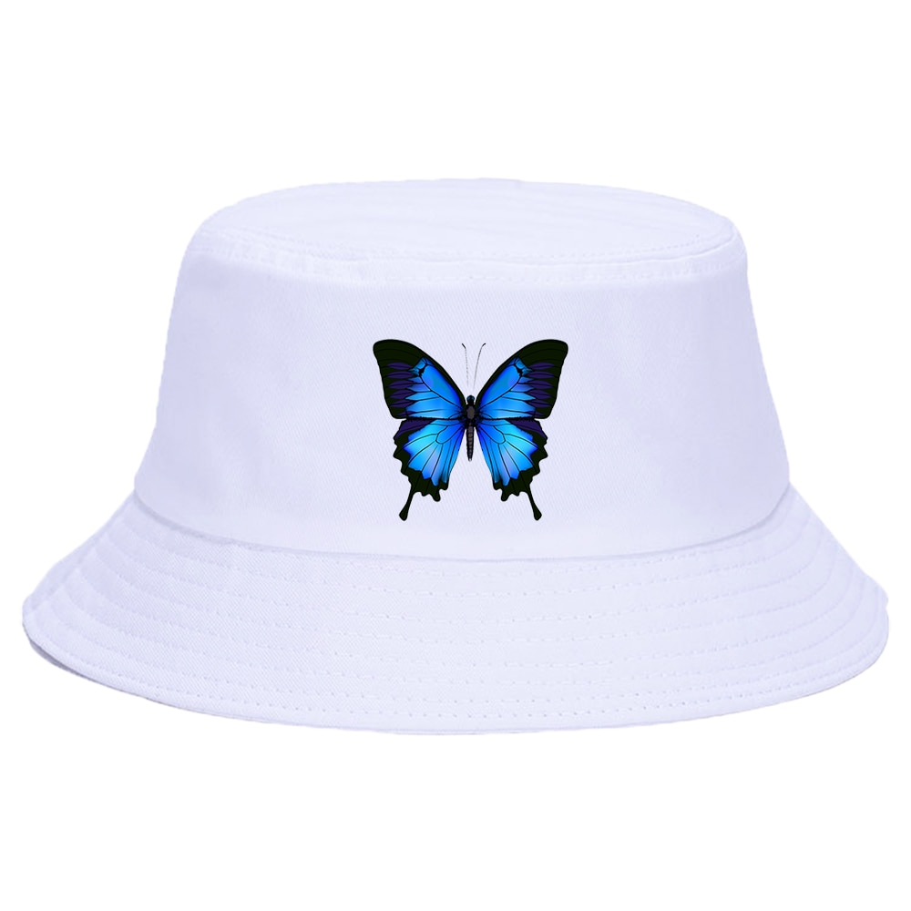 Blå sommerfugl spand hat kvinder udendørs sommer foldbar spand hatte anti-solskoldning fiskeri fisker hatte flad strand sol hat kasket