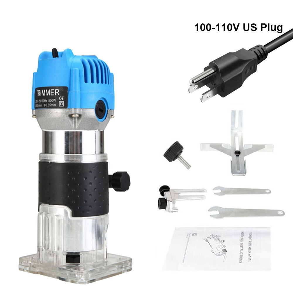 220V 800W Woodworking Electric Trimmer Wood Milling Engraving Slotting Trimming Machine Hand Carving Wood Router Cutter 6.35mm: US Plug 110V