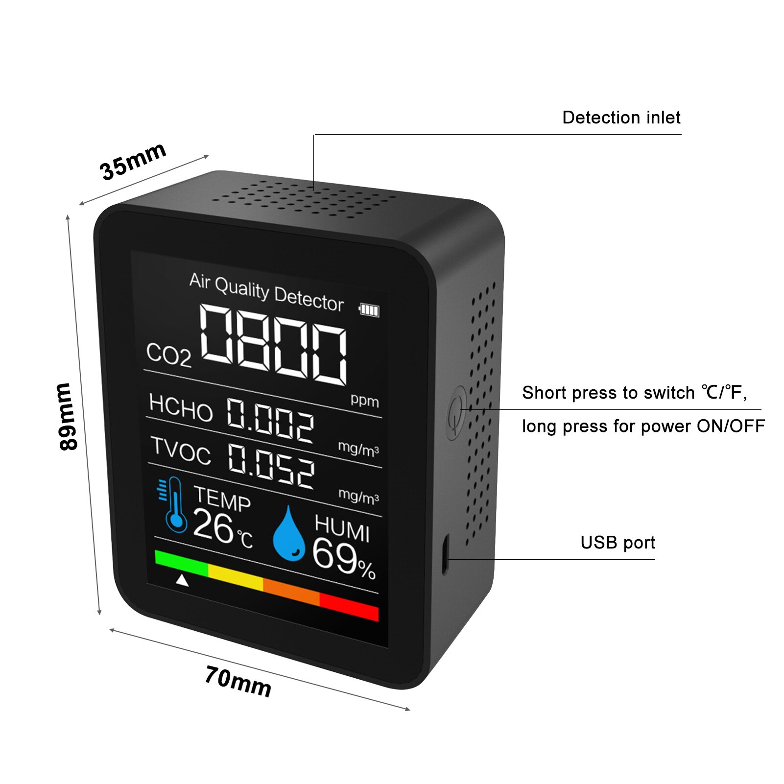 5-in-1 Luchtkwaliteitsmeetapparaat, CO2-detector, Temperatuur, Vochtigheid, HCHO TVOC-meetapparaat, voor Kleuterschool, Kantoor, Woonkamer