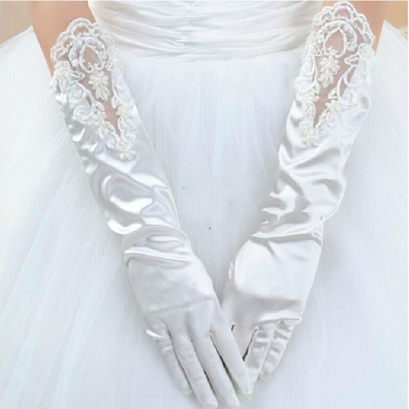 Guantes de novia baratos para mujer, guantes largos de novia, guantes de encaje blanco con cuentas, para dedos satín, accesorio para novia, longitud del codo